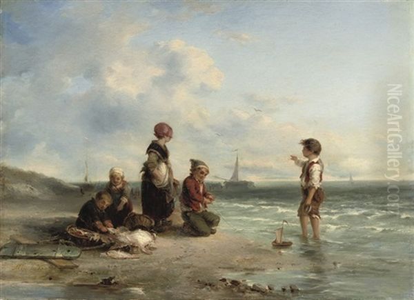 Children Playing On The Beach Oil Painting by Mari ten Kate