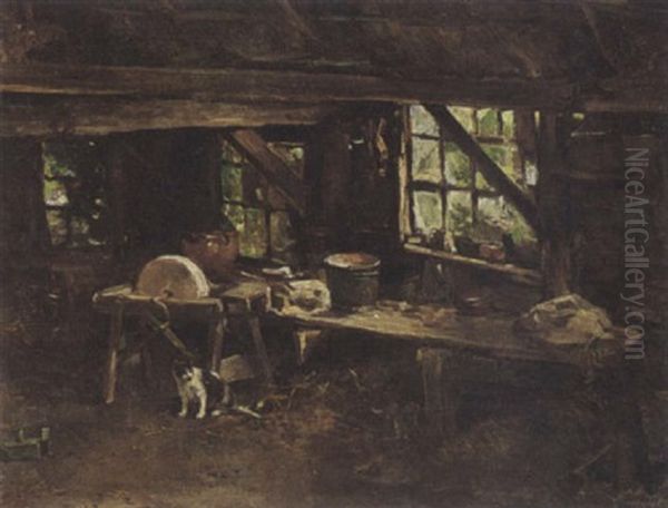 Stable Interior With A Cat Oil Painting by Mari ten Kate