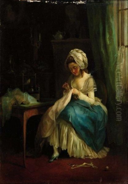 La Couseuse Oil Painting by Pierre-Antoine Baudouin