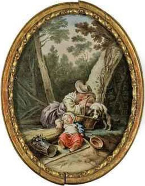 A Wooded Landscape With A Mother And Her Sleeping Child Oil Painting by Pierre-Antoine Baudouin