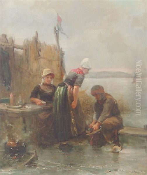 Binding Skates At A Koek-en-zopie, Marken Oil Painting by Mari ten Kate