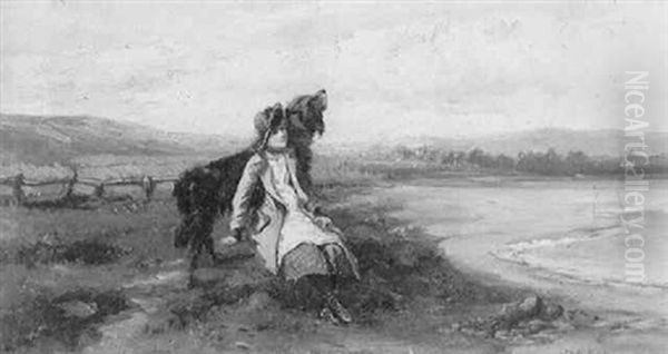 A Girl With A Black Setter On A Dune Overlooking A Beach Oil Painting by Mari ten Kate