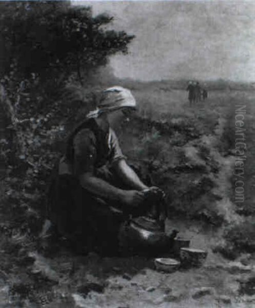 Junge Frau Auf Dem Feld Mit Einem Kupferkessel by Mari ten Kate