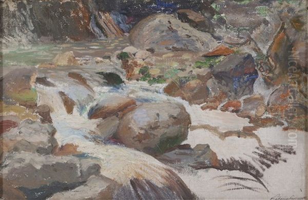 River Scene Oil Painting by Nandor (Ferdinand) Katona