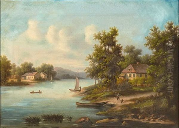 Sommerliche Schweizer Flusslandschaft Mit Landlichem Anwesen Und Booten Sowie Kleiner Furt Oil Painting by Carl Georg Theodor Katterfeldt