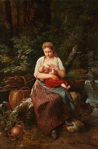 Woodland Scene With A Young Mother Breast-feeding Her Child Oil Painting by Louis Katzenstein