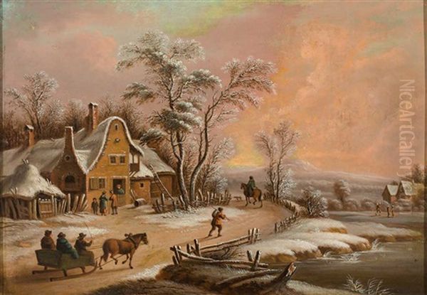 Winterlandschaft Mit Altem Gehoft Und Personenstaffage Oil Painting by Hermann Kauffmann the Elder