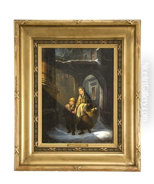 Kinder In Winterlicher Gasse Oil Painting by Hermann Kauffmann the Elder