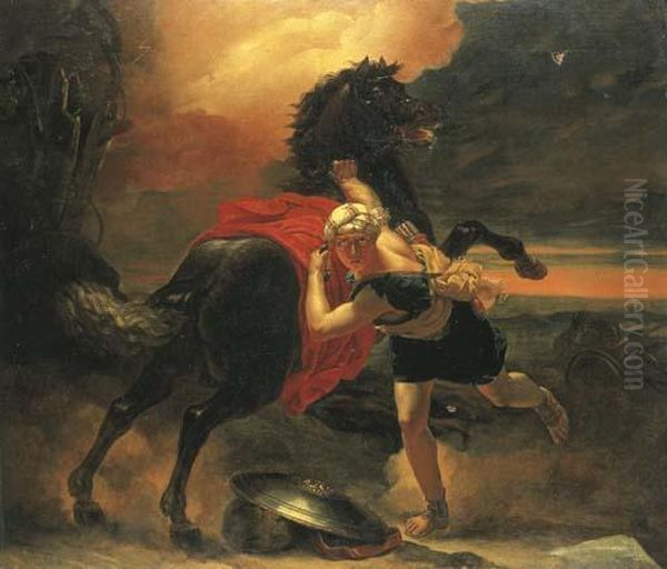 A Turbanned Soldier Steadying A Rearing Horse Frightened By Athunder Storm Oil Painting by Henri Baudot