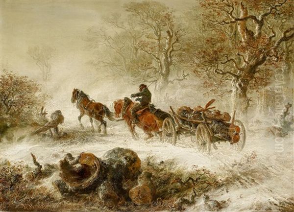 Holzfuhrwerk Im Schneetreiben Oil Painting by Hermann Kauffmann the Elder