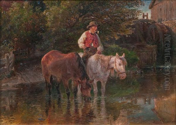 Pferdetranke An Der Wassermuhle Oil Painting by Hermann Kauffmann the Elder