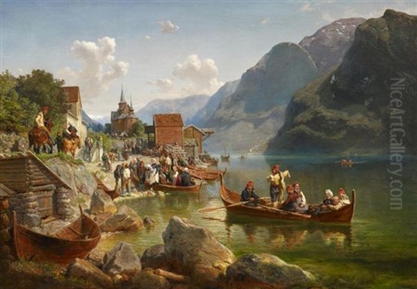 Taufgesellschaft Am Belebten Fjord Oil Painting by Hermann Kauffmann the Elder