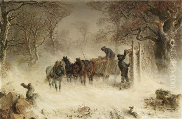 Holzfuhrwerk Bei Heftigem Schneetreiben Oil Painting by Hermann Kauffmann the Elder