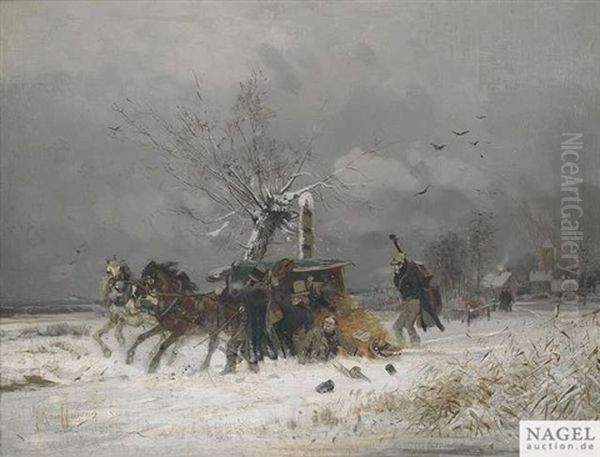 Kunstlerpech. Unfall Einer Reisekutsche Mit Musikern In Winterlicher Landschaft Oil Painting by Hermann Kauffmann the Elder