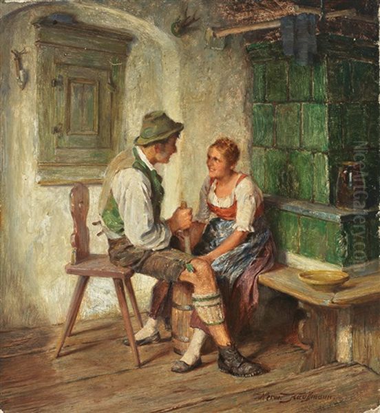 Tandelndes Paar Beim Buttern In Der Stube by Hermann Kauffmann the Elder