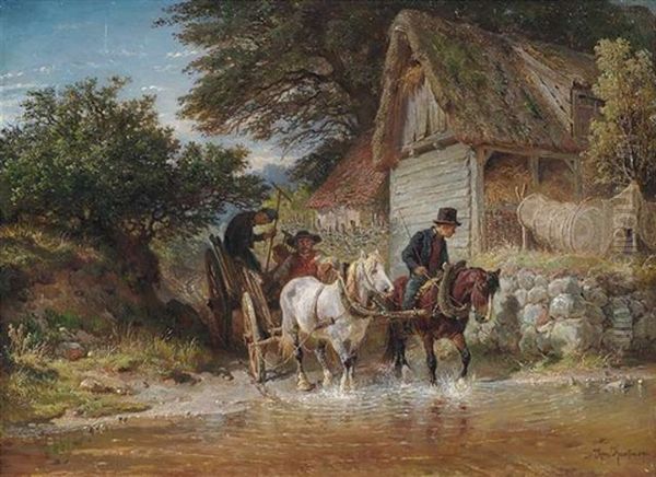 Bauernkutsche Beim Durchqueren Einer Furt Oil Painting by Hermann Kauffmann the Elder