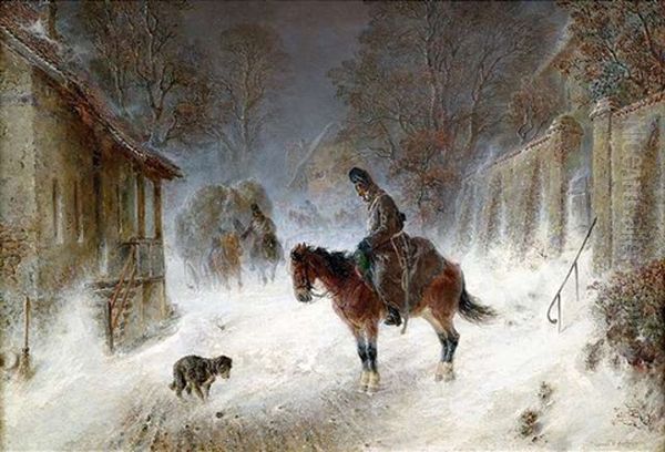 Berittene Soldaten An Einem Winterlichen Gehoft Oil Painting by Hermann Kauffmann the Elder