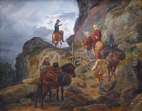 Group Of Travellers In The Mountains Oil Painting by Hermann Kauffmann the Elder