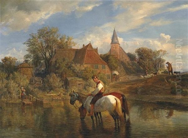 Am Dorfweiher Oil Painting by Hermann Kauffmann the Elder