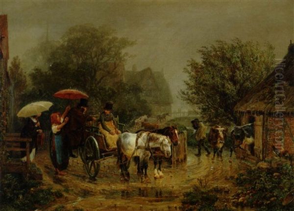 En Herre Hjaelpes Ombord I En Hestevogn Foran En Stald I Regnvejr Oil Painting by Hermann Kauffmann the Elder