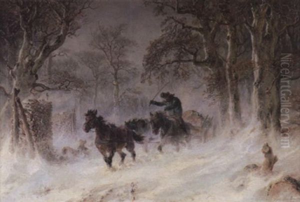 Dreispanniges Holzfuhrwerk Auf Einem Waldweg Im Schneesturm Oil Painting by Hermann Kauffmann the Elder