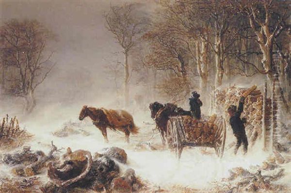 Logging In A Winter Landscape Oil Painting by Hermann Kauffmann the Elder