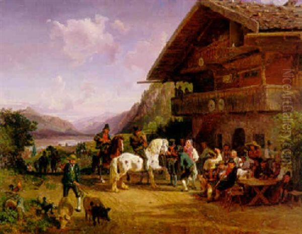 Gathering At The Inn Oil Painting by Hermann Kauffmann the Elder