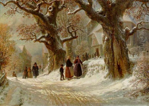 Country Folk Going To Church Oil Painting by Hermann Kauffmann the Elder