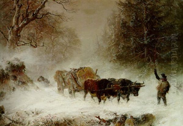 Oxen Pulling A Log Wagon Through The Snow Oil Painting by Hermann Kauffmann the Elder