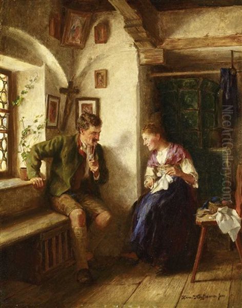 In Der Stube - Junges Paar Mit Den Ersten Kinderkleidchen by Hermann Kauffmann the Younger