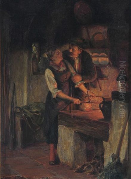 Bauersleute Im Schein Des Herdfeuers by Hermann Kauffmann the Younger