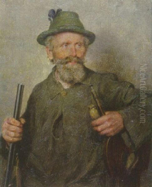 Oberbayerischer Jager, Auf Sein Gewehr Getsutzt, In Der Linken Hand Eine Pfeife Haltend Oil Painting by Hermann Kauffmann the Younger