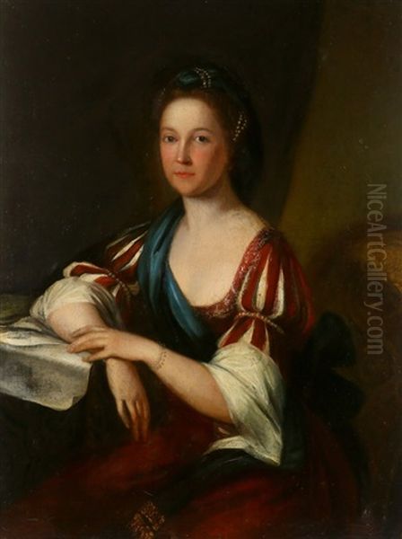 Portrait Of A Lady, Three-quarter Length, In A Red Dress, Seated In An Interior Oil Painting by Angelika Kauffmann