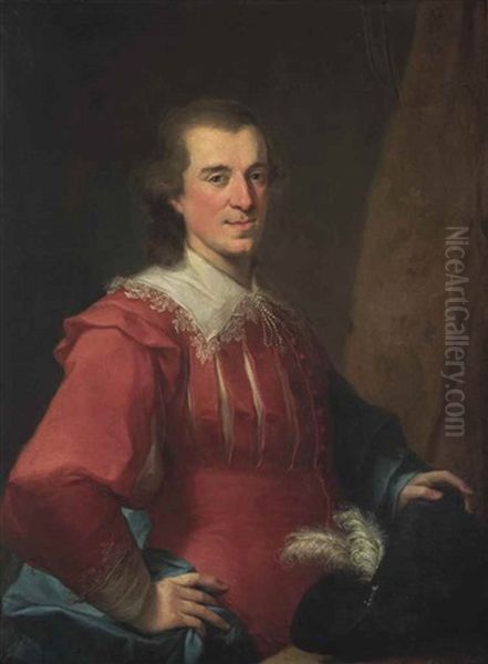 Portrait Of A Gentleman, Half-length, In A Red Slashed Doublet, His Left Hand On A Plumed Hat Oil Painting by Angelika Kauffmann