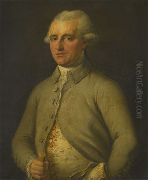 Portrait Of A Gentleman, Believed To Be James Money, Half-length, Wearing A Brocade Waistcoat, Lace Cravat And Green Coat, Holding A Cane In His Right Hand Oil Painting by Angelika Kauffmann