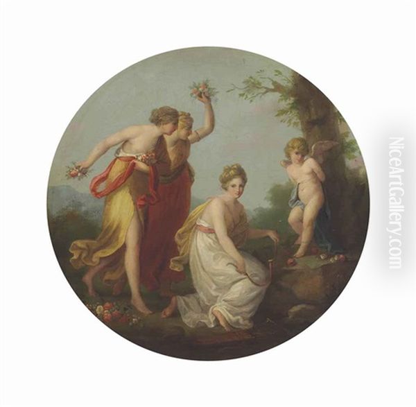 The Three Graces Distressing Cupid Oil Painting by Angelika Kauffmann