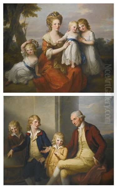 Portrait Of Mary May With Her Three Daughters And Portrait Of Joseph May With Their Three Sons (pair) Oil Painting by Angelika Kauffmann