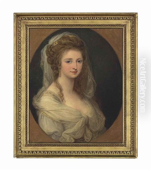 Portrait Of Countess Lucia Memmo Mocenigo (1770-1854), Half-length, In A White Dress And Shawl, In A Feigned Oval Oil Painting by Angelika Kauffmann