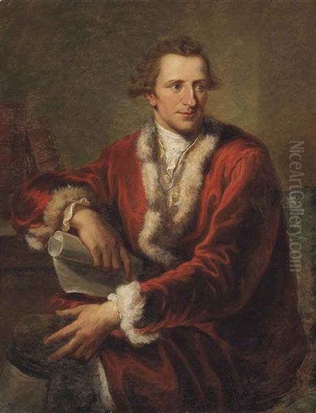 Portrait Of Sir William Fordyce, F.r.s. (1724-1792), Three-quarter-length, In A Red, Fur-lined Coat And Cravat, Holding A Scroll, In An Interior Oil Painting by Angelika Kauffmann