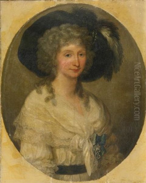 Portrait Of Baroness Von Bauer, Half Length, Wearing A White, Lace Dress And A Black Hat Oil Painting by Angelika Kauffmann