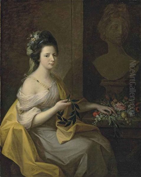 Portrait Of Lady (elizabeth Muncaster, Nee Dale?), In A Dress With A Pearl Clasp And A Yellow Mantle, Flowers In Her Hair, Holding A Laurel Wreath, Before A Bust Of The Apollo Belvedere Oil Painting by Angelika Kauffmann