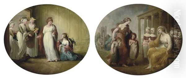 Female Figures In An Interior (+ A Lady In Classical Dress Presenting Two Children, A Temple Beyond; Pair) Oil Painting by Angelika Kauffmann