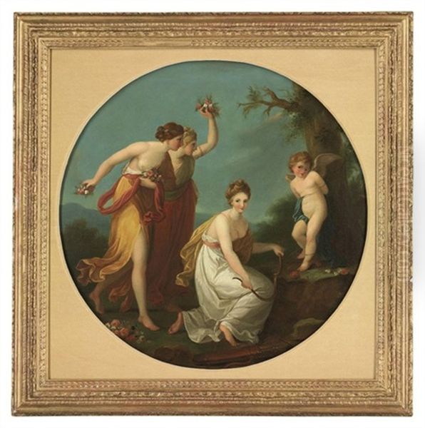 Three Muses With Cupid In A Landscape Oil Painting by Angelika Kauffmann