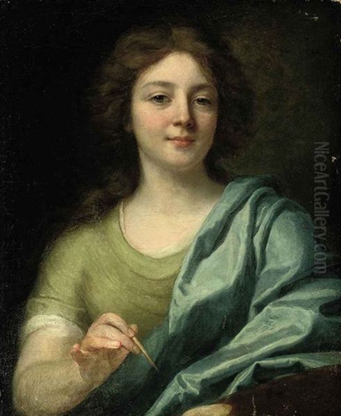 Portrait Of An Artist A Brush In Her Right Hand, A Palette In Her Left Hand Oil Painting by Angelika Kauffmann