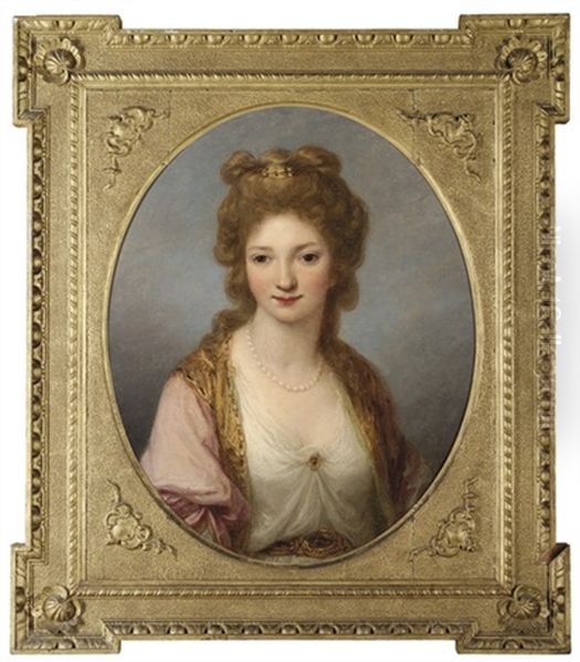 Portrait Of Selina Fitzherbert, Half-length, In A White Chemise And Pink And Gold Embroidered Mantle by Angelika Kauffmann