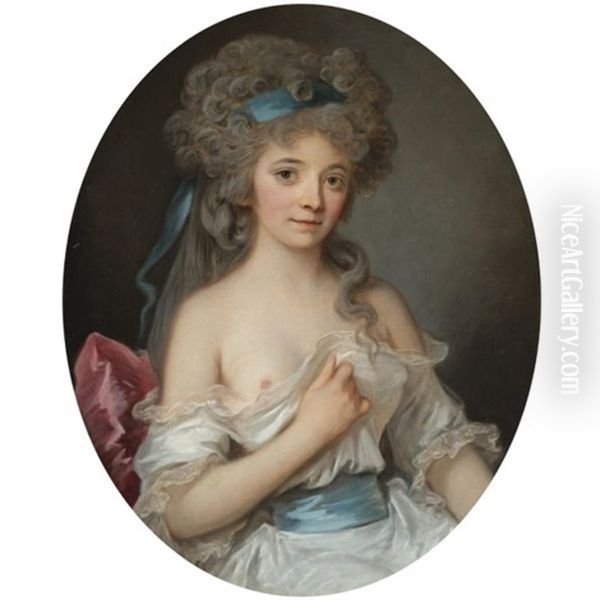 Portrait Of A Young Lady, Half-length, Wearing A White Dress With A Blue Ribbon In Her Hair Oil Painting by Angelika Kauffmann