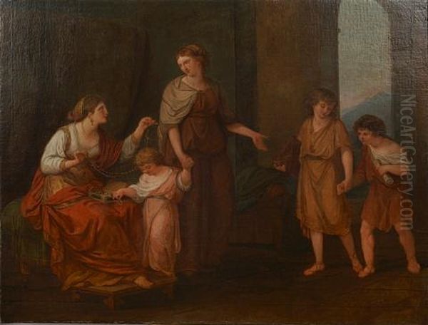 Cornelia, Mother Of The Gracchi, Pointing To Her Children As Her Treasures Oil Painting by Angelika Kauffmann