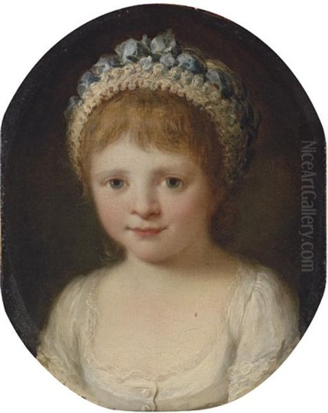 Portrait Of A Girl (theresa Robinson, Daughter Of John Parker?) In A White Dress With A Cap With Blue Ribbons Oil Painting by Angelika Kauffmann