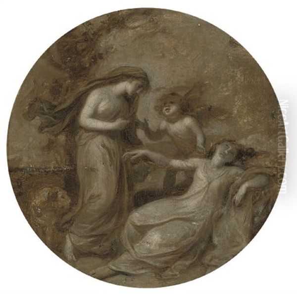 Love Conquering Prudence, En Grisaille, In A Feigned Roundel Oil Painting by Angelika Kauffmann