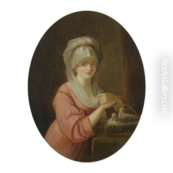 A Young Lady Holding A Basket Of Doves Oil Painting by Angelika Kauffmann